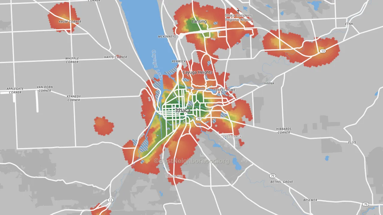 Walk Grade map of Ithaca, NY, walkable areas in green and car-dependent areas in red