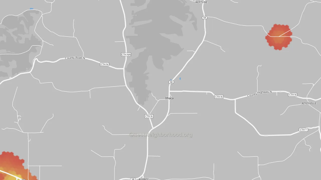 Walk Grade map of Ithaca, WI, walkable areas in green and car-dependent areas in red