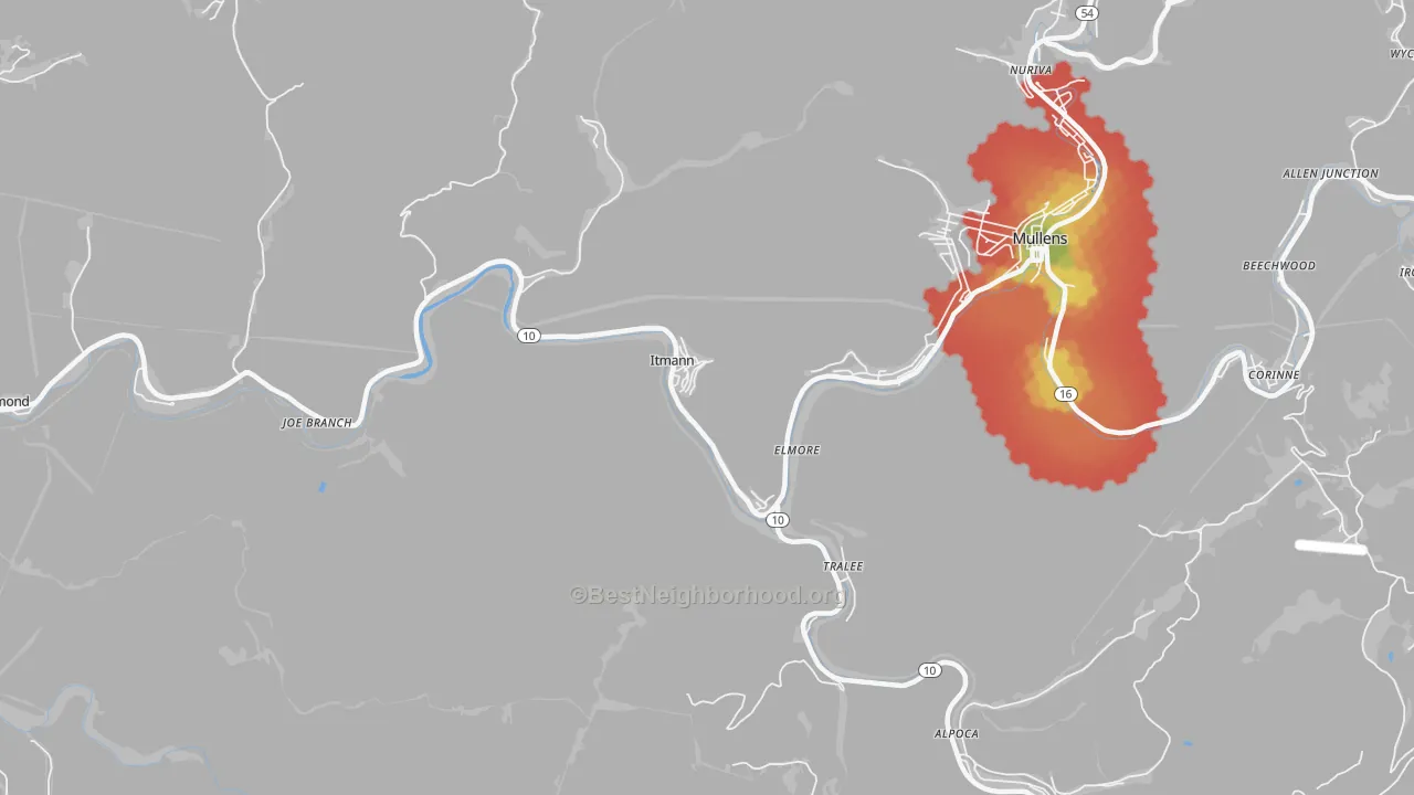 Walk Grade map of Itmann, WV, walkable areas in green and car-dependent areas in red