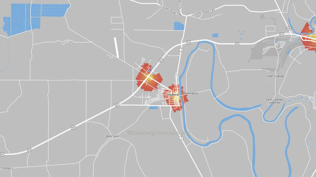 Walk Grade map of Itta Bena, MS, walkable areas in green and car-dependent areas in red