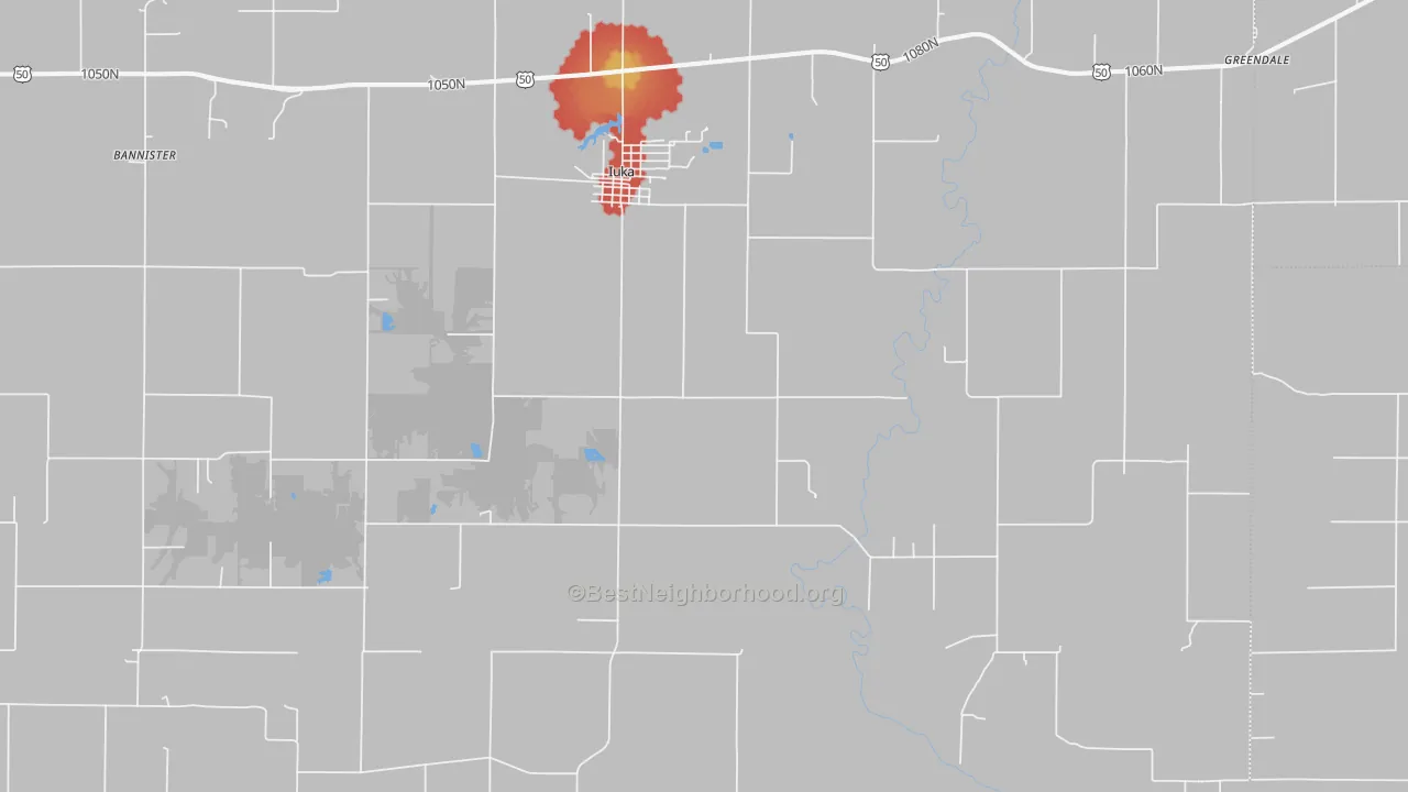 Walk Grade map of Iuka, IL, walkable areas in green and car-dependent areas in red