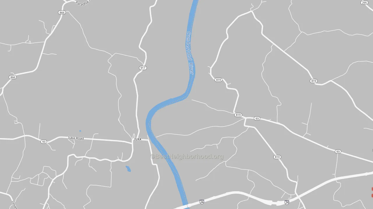 Walk Grade map of Iuka, KY, walkable areas in green and car-dependent areas in red