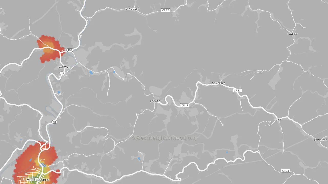 Walk Grade map of Iuka, WV, walkable areas in green and car-dependent areas in red