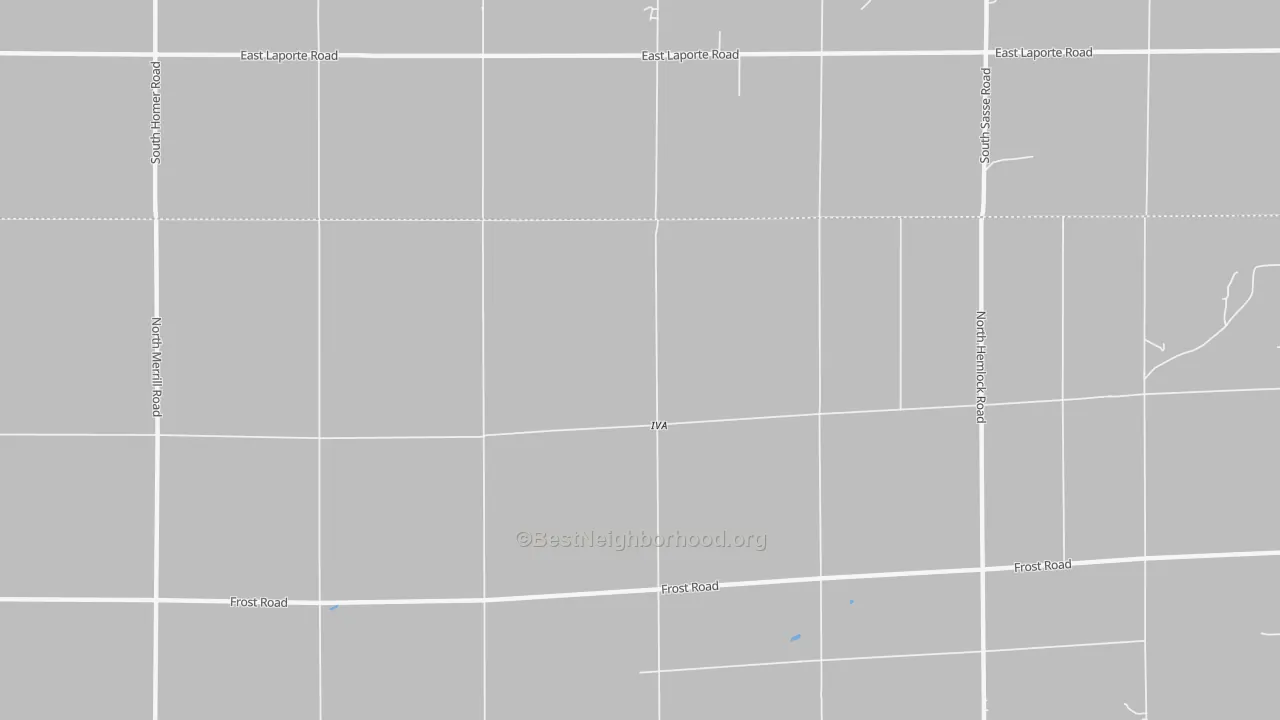 Walk Grade map of Iva, MI, walkable areas in green and car-dependent areas in red