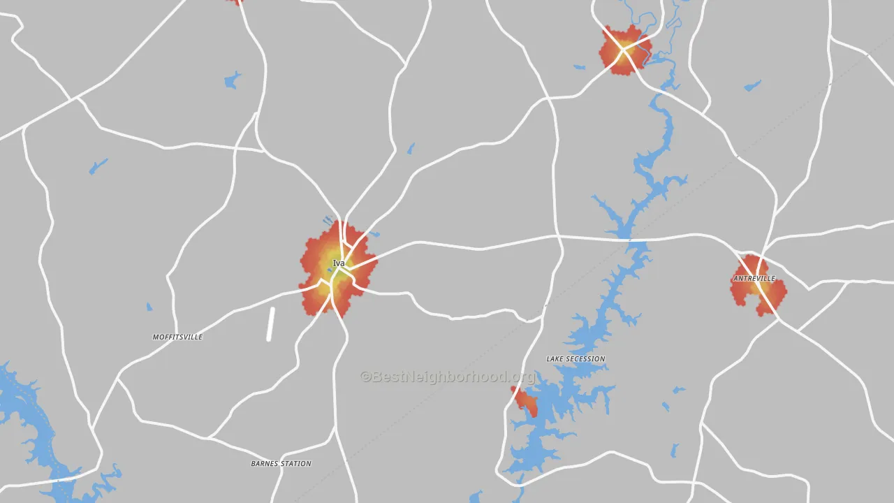 Walk Grade map of Iva, SC, walkable areas in green and car-dependent areas in red