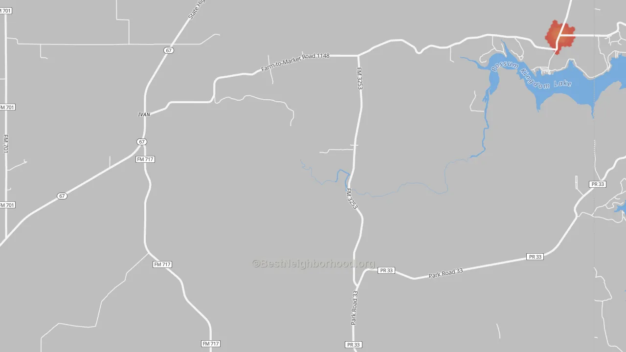 Walk Grade map of Ivan, TX, walkable areas in green and car-dependent areas in red