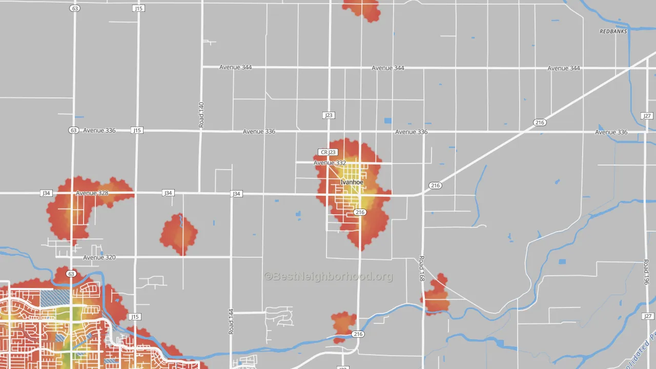Walk Grade map of Ivanhoe, CA, walkable areas in green and car-dependent areas in red