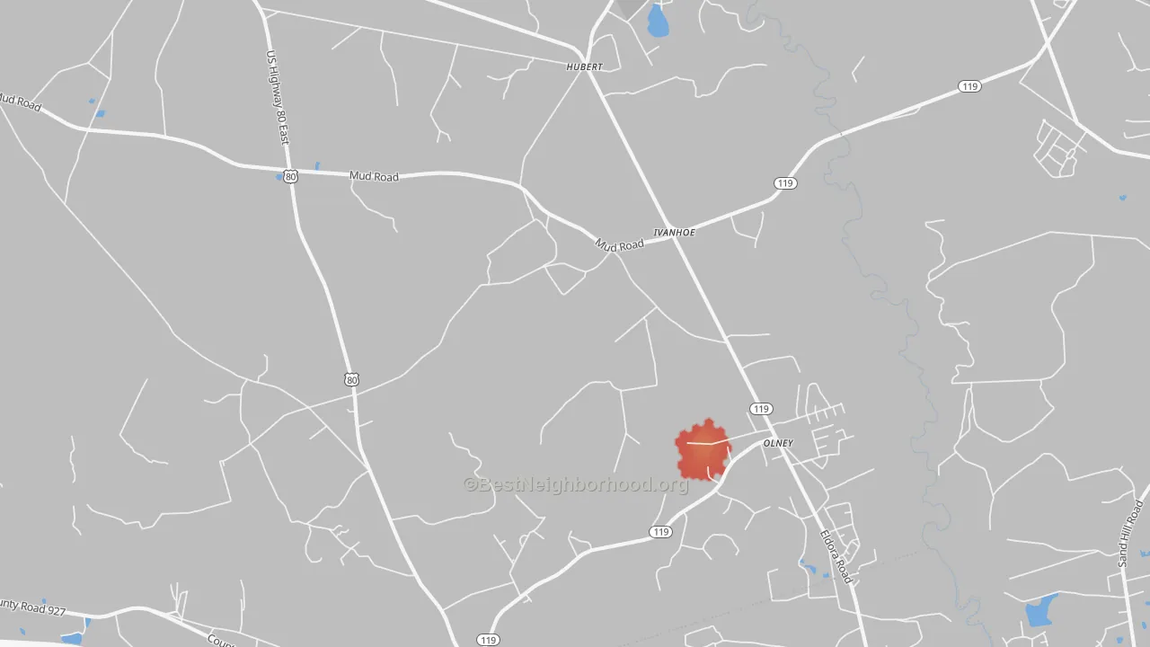 Walk Grade map of Ivanhoe, GA, walkable areas in green and car-dependent areas in red