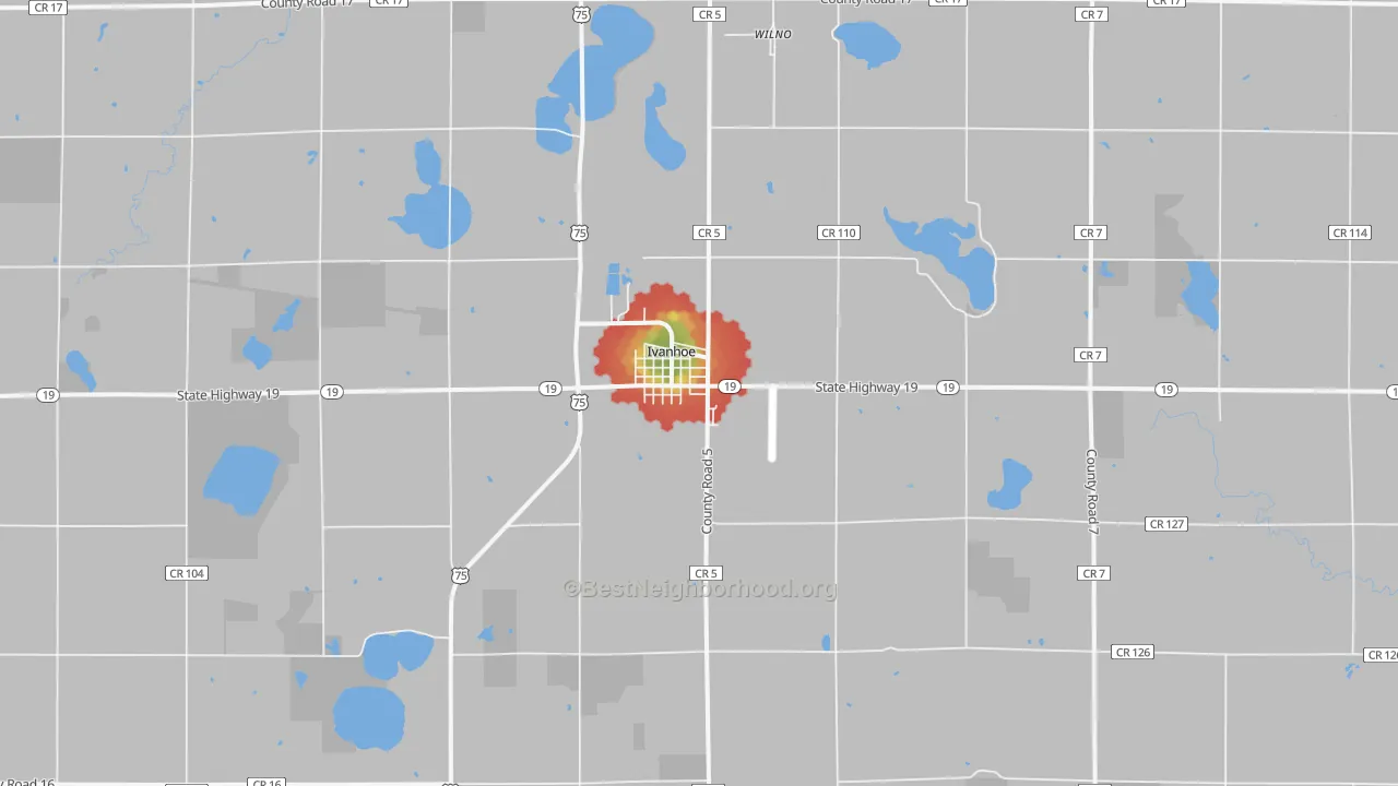 Walk Grade map of Ivanhoe, MN, walkable areas in green and car-dependent areas in red
