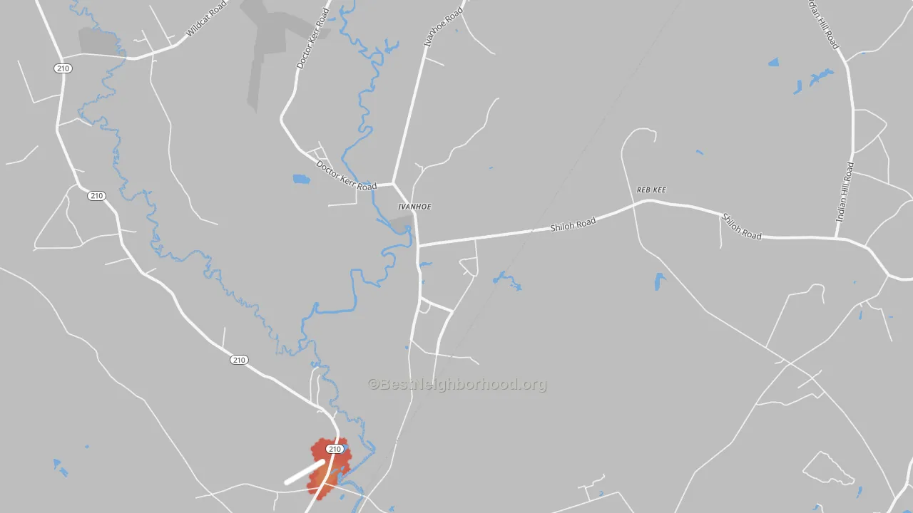Walk Grade map of Ivanhoe, NC, walkable areas in green and car-dependent areas in red
