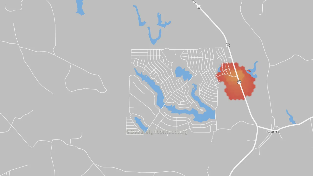 Walk Grade map of Ivanhoe North, TX, walkable areas in green and car-dependent areas in red