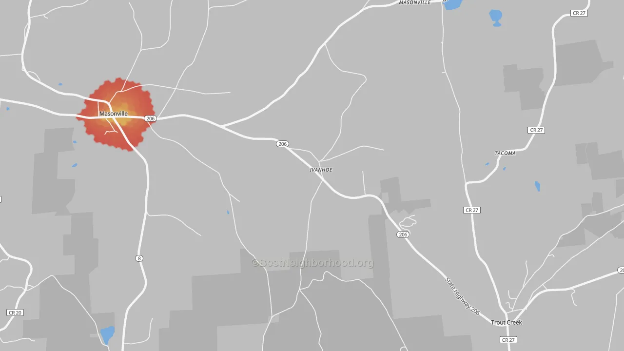 Walk Grade map of Ivanhoe, NY, walkable areas in green and car-dependent areas in red