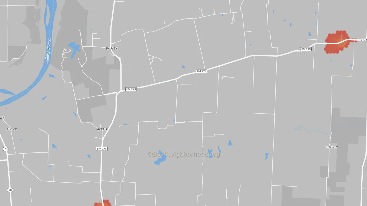 Walk Grade map of Ivanhoe, TX, walkable areas in green and car-dependent areas in red