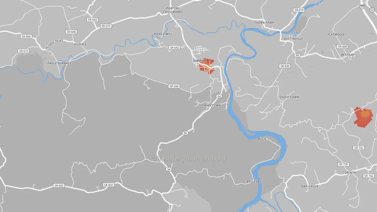 Walk Grade map of Ivanhoe, VA, walkable areas in green and car-dependent areas in red