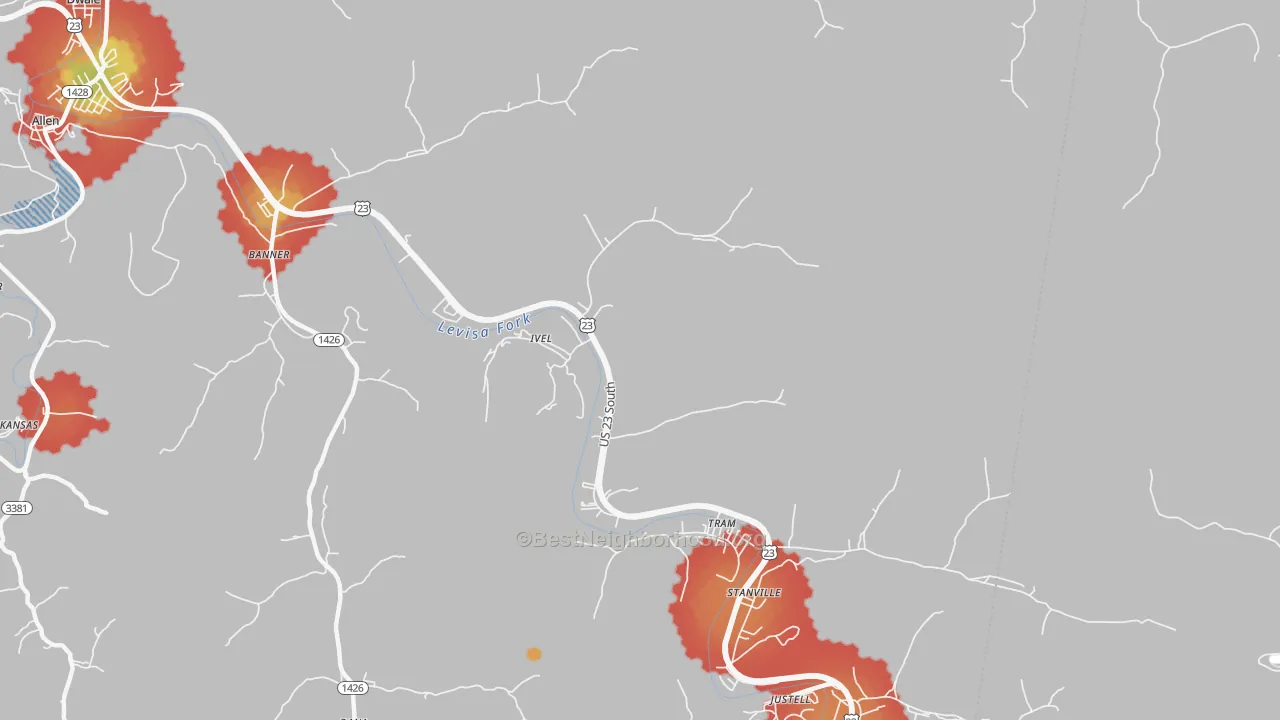 Walk Grade map of Ivel, KY, walkable areas in green and car-dependent areas in red