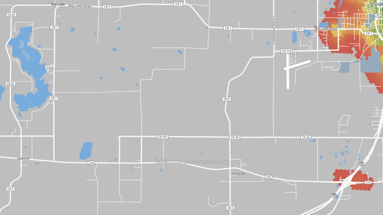 Walk Grade map of Iverson, MN, walkable areas in green and car-dependent areas in red