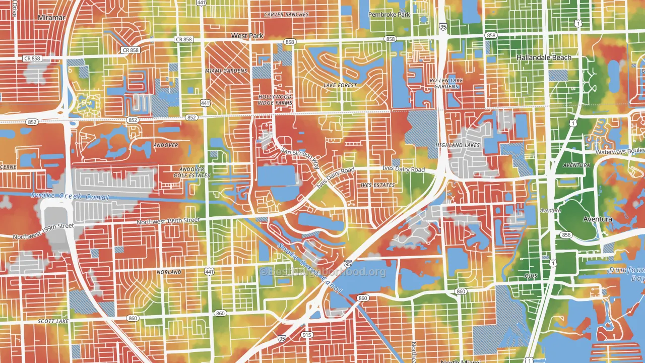 Walk Grade map of Ives Estates, FL, walkable areas in green and car-dependent areas in red