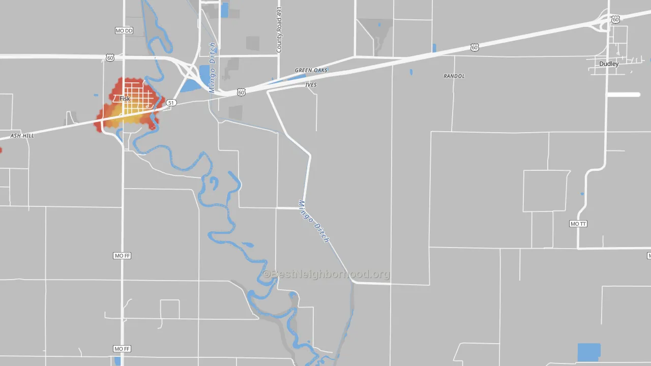 Walk Grade map of Ives, MO, walkable areas in green and car-dependent areas in red