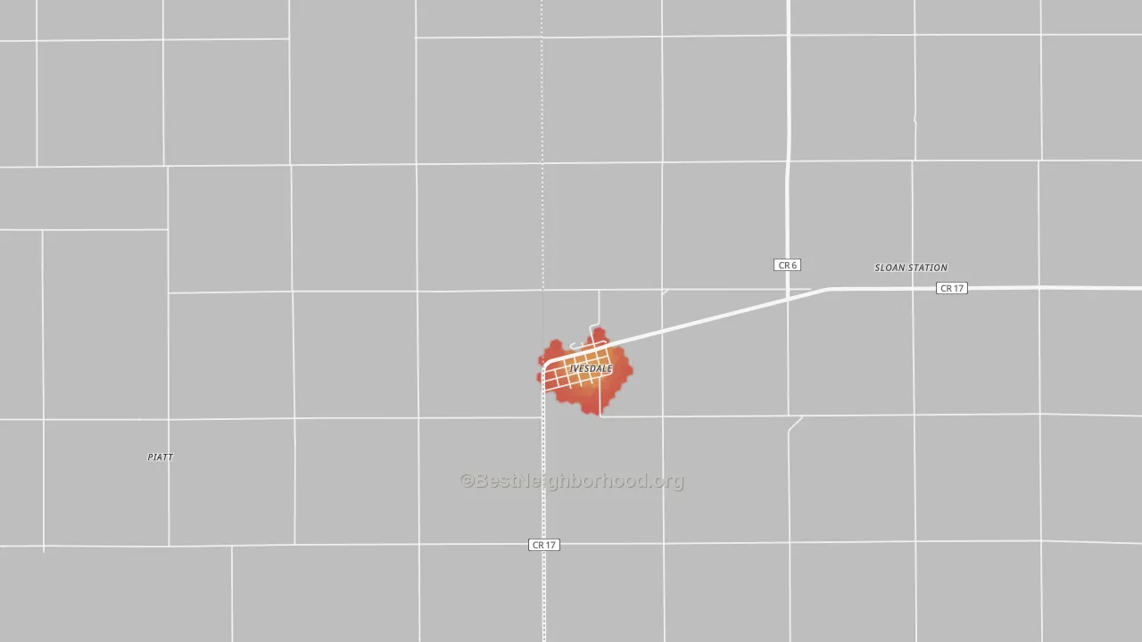 Walk Grade map of Ivesdale, IL, walkable areas in green and car-dependent areas in red