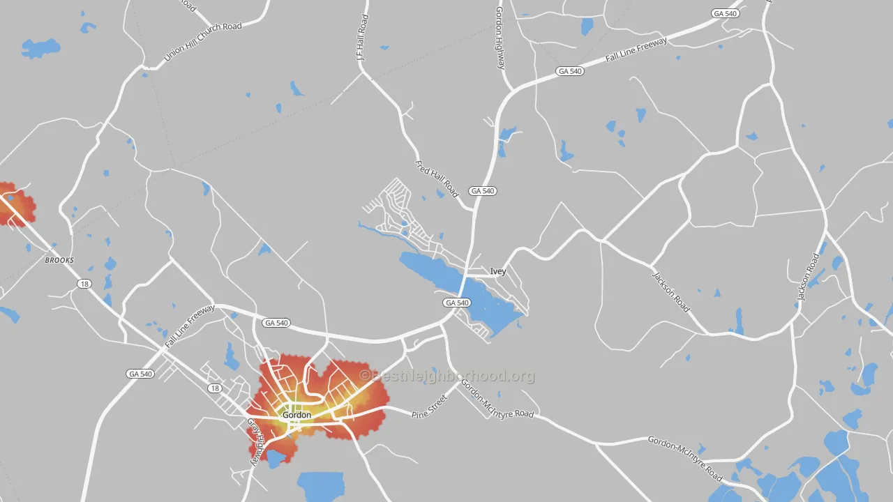 Walk Grade map of Ivey, GA, walkable areas in green and car-dependent areas in red
