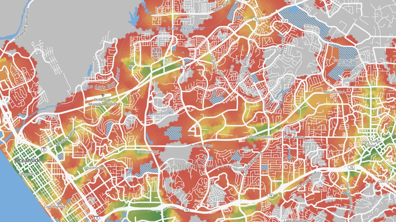 Walk Grade map of Ivey Ranch-Rancho del Oro, Oceanside, CA, walkable areas in green and car-dependent areas in red