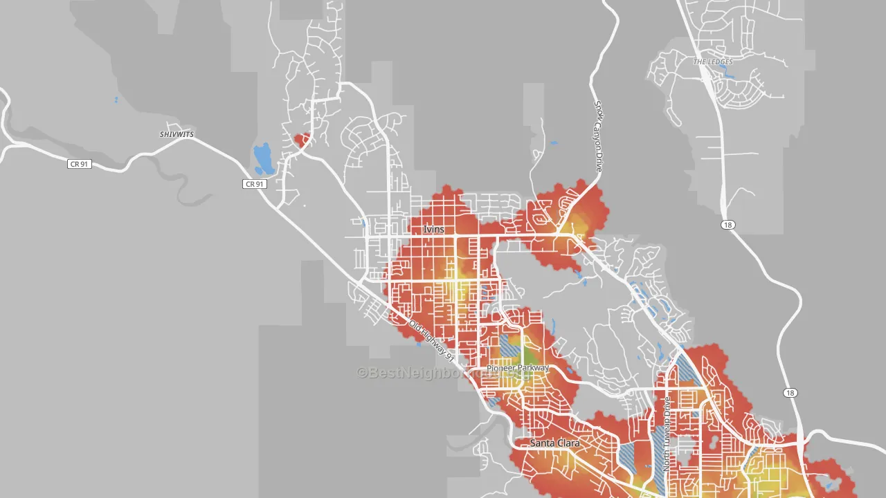 Walk Grade map of Ivins, UT, walkable areas in green and car-dependent areas in red
