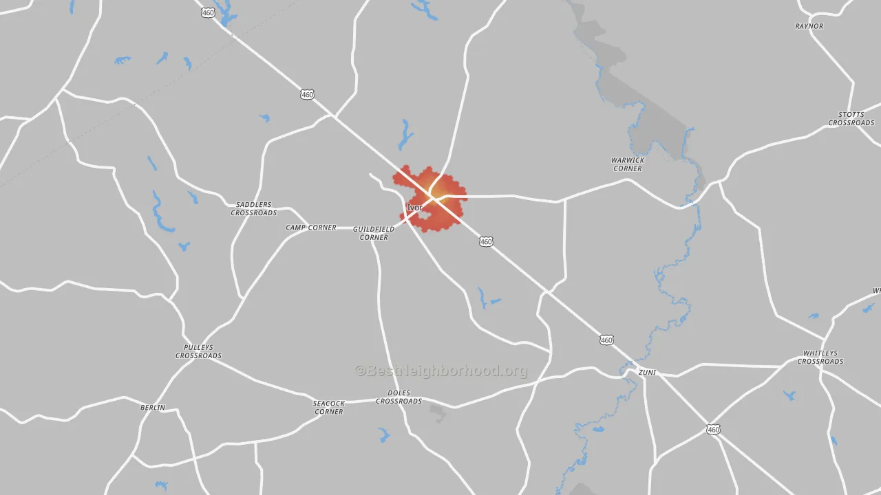 Walk Grade map of Ivor, VA, walkable areas in green and car-dependent areas in red