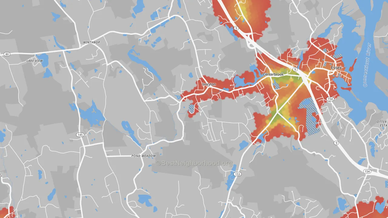 Walk Grade map of Ivoryton, CT, walkable areas in green and car-dependent areas in red