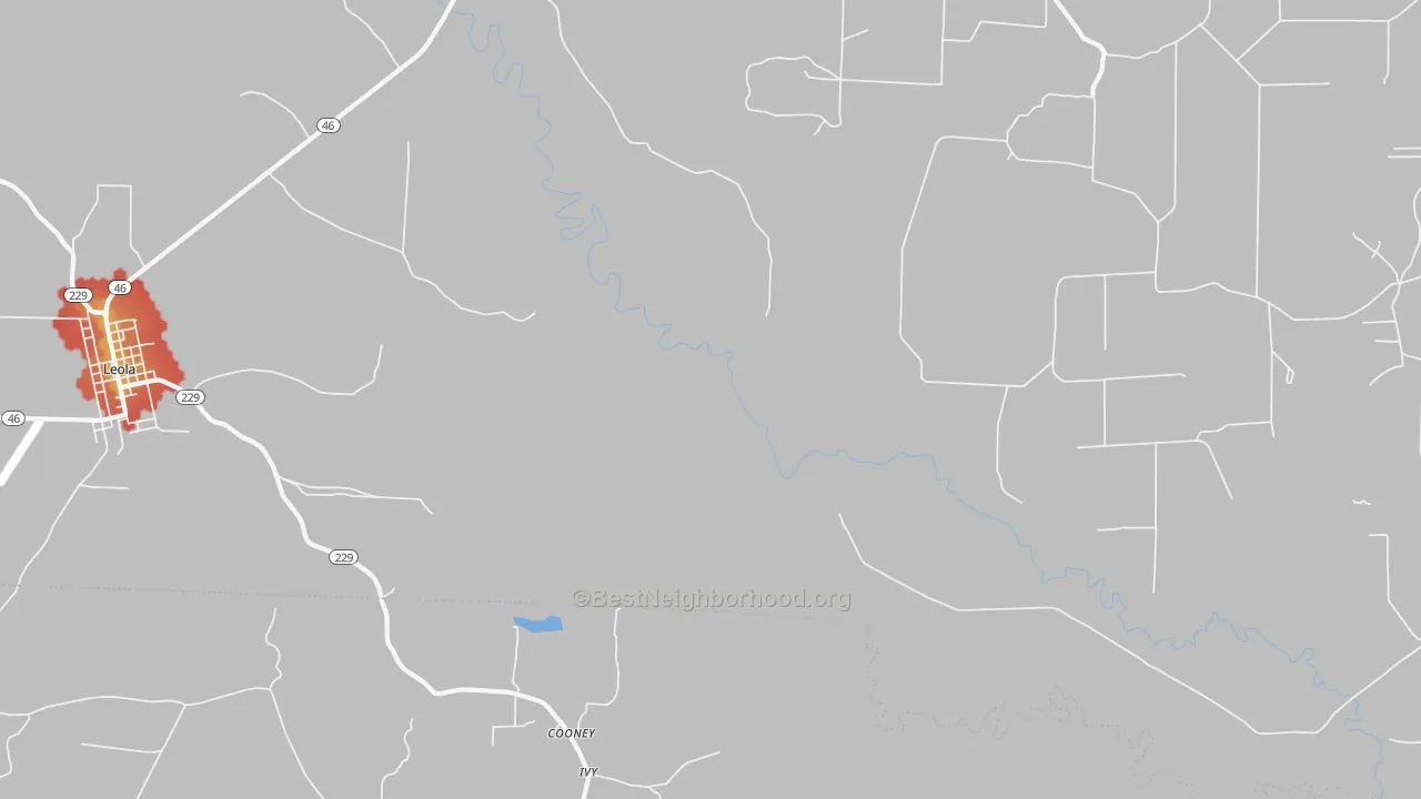 Walk Grade map of Ivy, AR, walkable areas in green and car-dependent areas in red