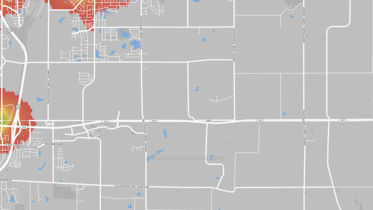 Walk Grade map of Ivy, IA, walkable areas in green and car-dependent areas in red