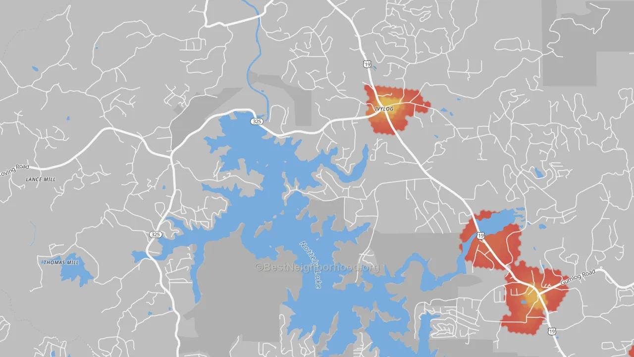 Walk Grade map of Ivy Log, GA, walkable areas in green and car-dependent areas in red