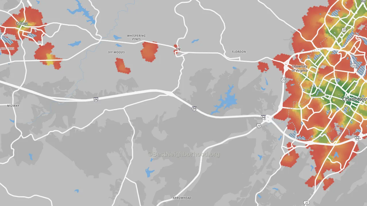 Walk Grade map of Ivy, VA, walkable areas in green and car-dependent areas in red