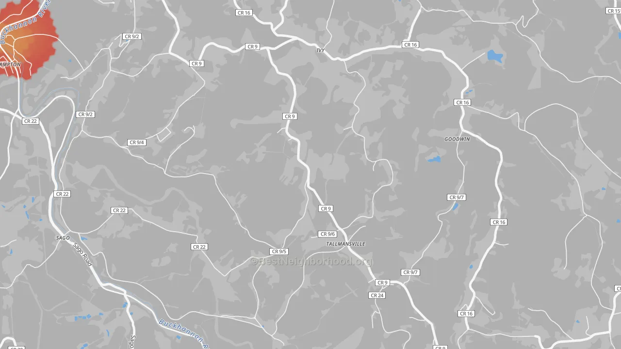 Walk Grade map of Ivy, WV, walkable areas in green and car-dependent areas in red
