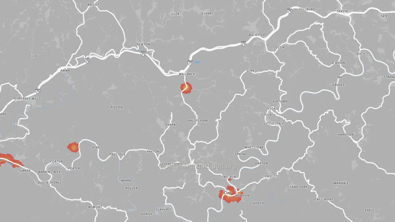 Walk Grade map of Ivydale, WV, walkable areas in green and car-dependent areas in red