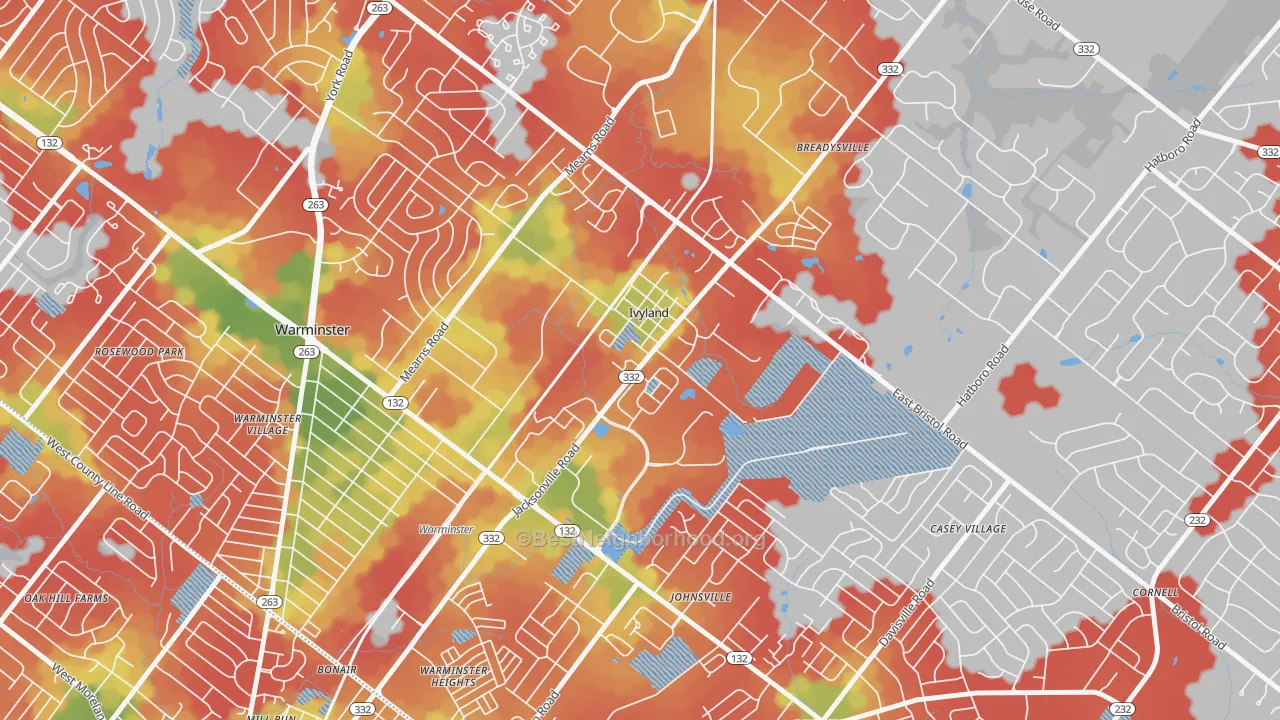 Walk Grade map of Ivyland, PA, walkable areas in green and car-dependent areas in red