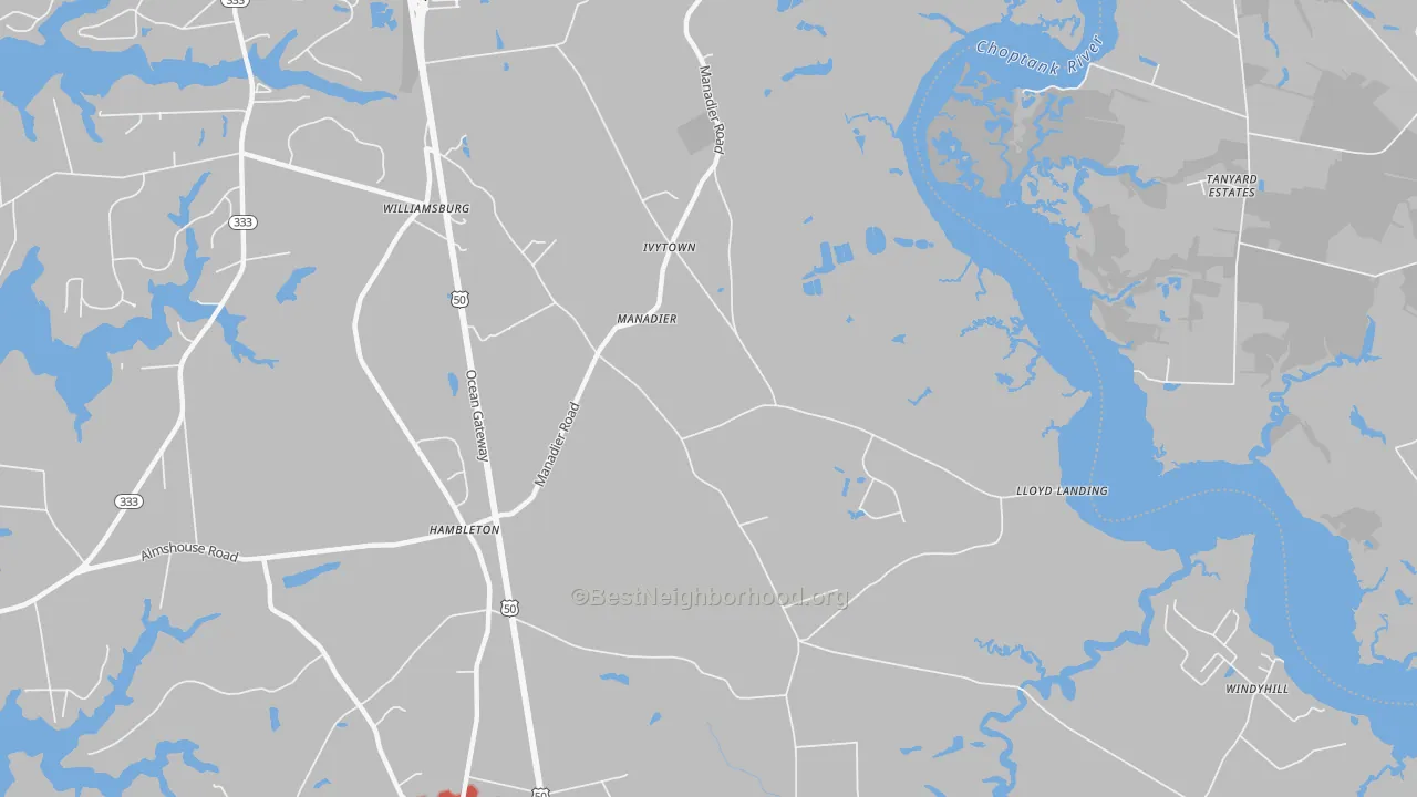 Walk Grade map of Ivytown, MD, walkable areas in green and car-dependent areas in red