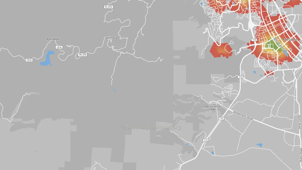 Walk Grade map of Ivywild, CO, walkable areas in green and car-dependent areas in red