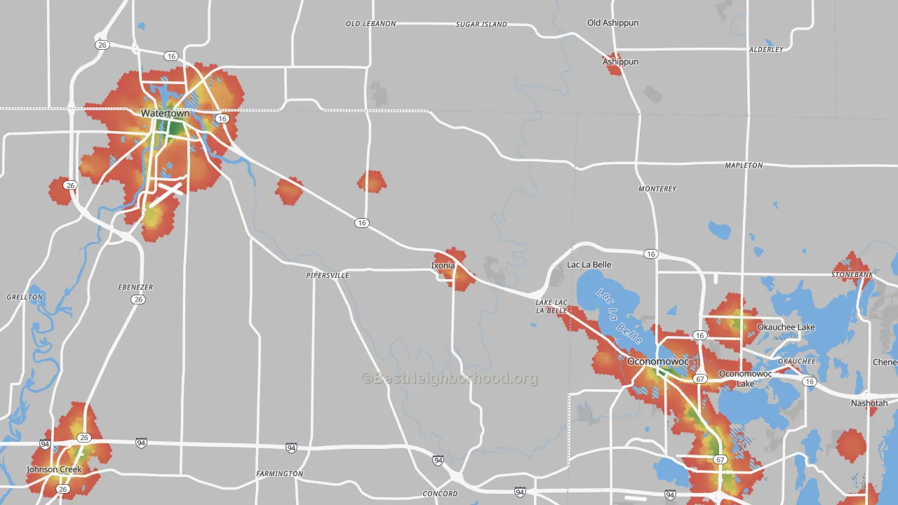 Walk Grade map of Ixonia, WI, walkable areas in green and car-dependent areas in red