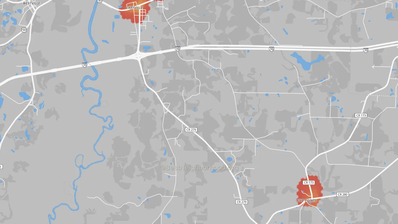 Walk Grade map of Izagora, FL, walkable areas in green and car-dependent areas in red