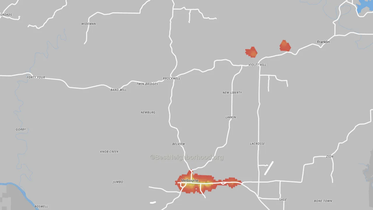Walk Grade map of Izard County, AR, walkable areas in green and car-dependent areas in red
