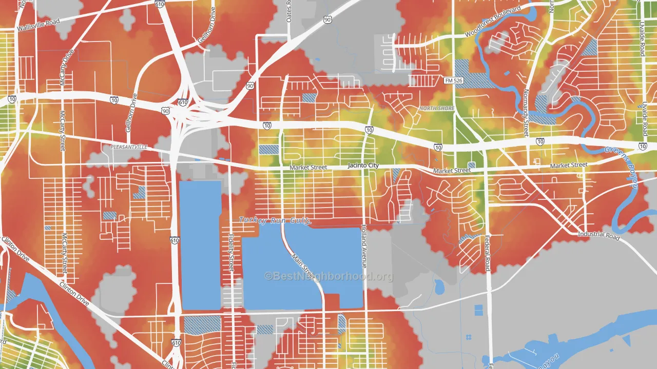 Walk Grade map of Jacinto City, TX, walkable areas in green and car-dependent areas in red