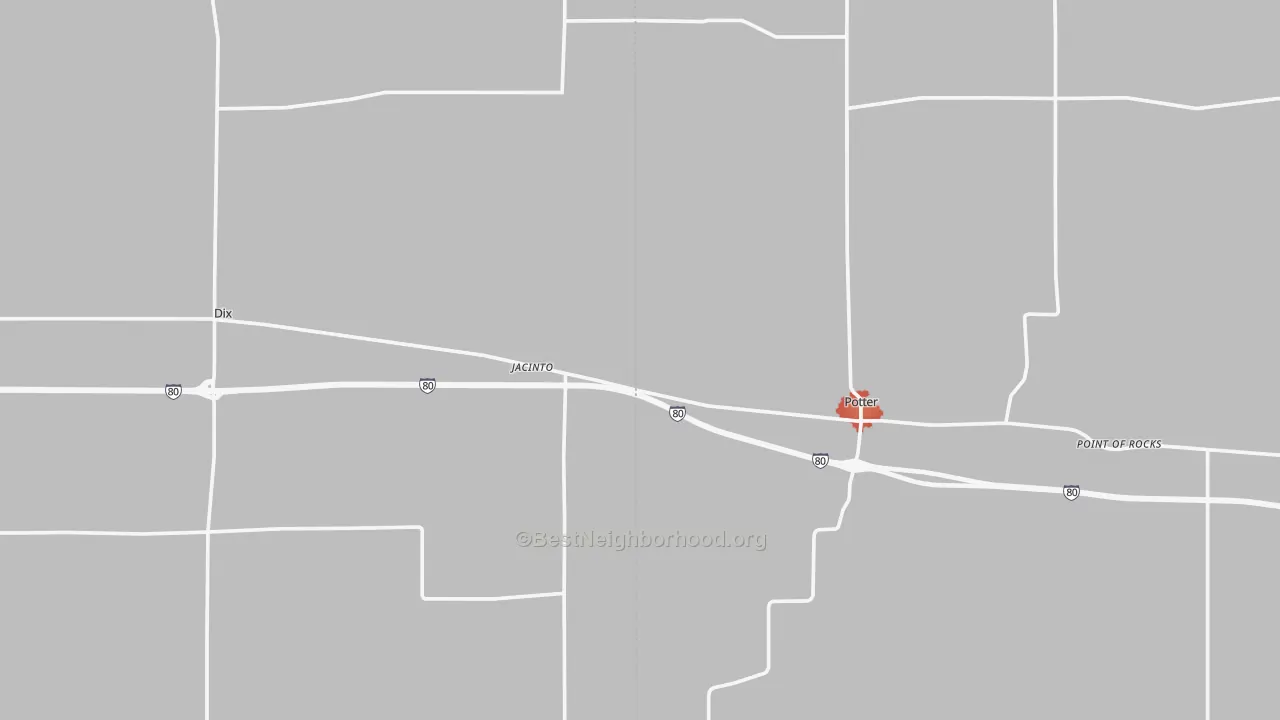 Walk Grade map of Jacinto, NE, walkable areas in green and car-dependent areas in red