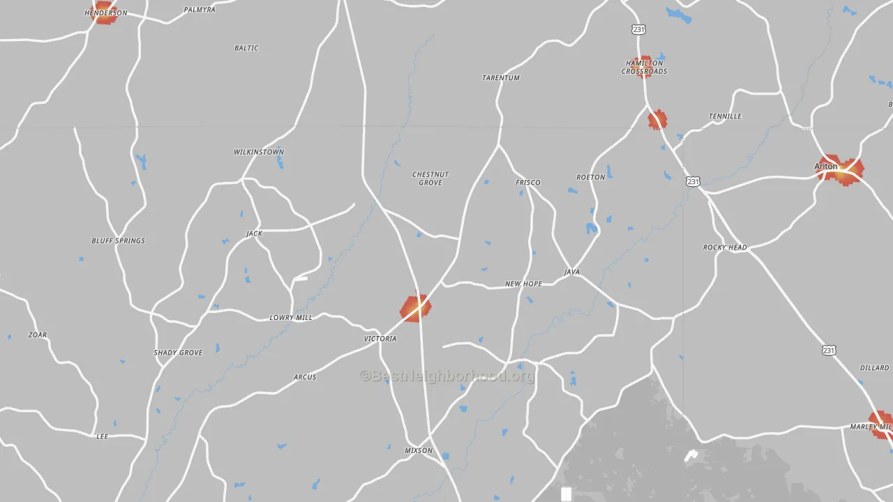 Walk Grade map of Jack, AL, walkable areas in green and car-dependent areas in red