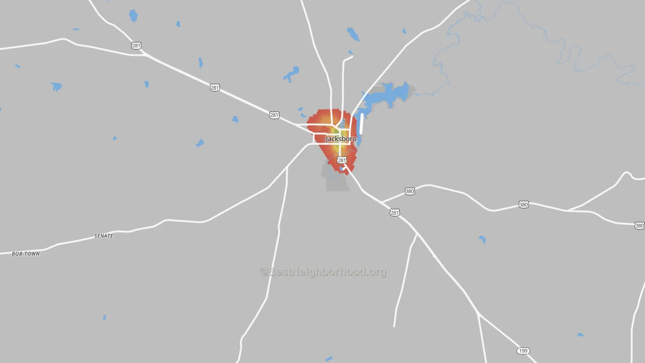 Walk Grade map of Jack County, TX, walkable areas in green and car-dependent areas in red