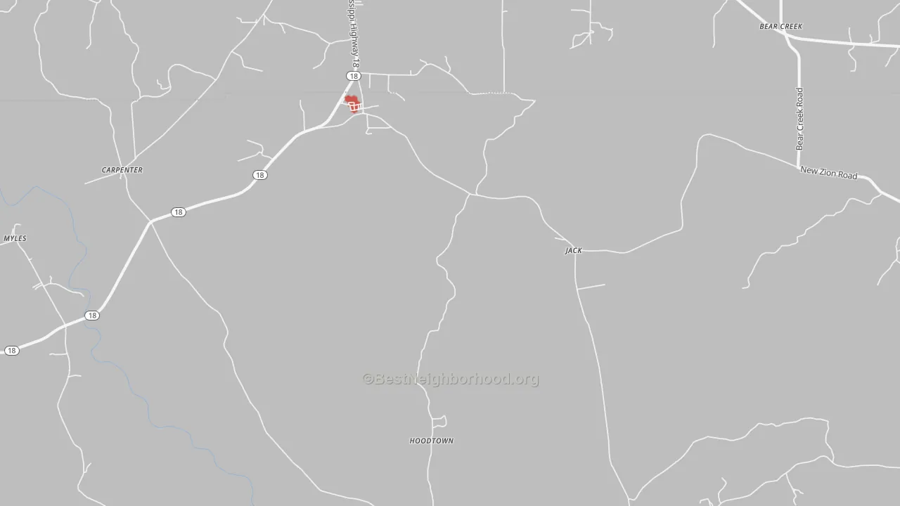 Walk Grade map of Jack, MS, walkable areas in green and car-dependent areas in red