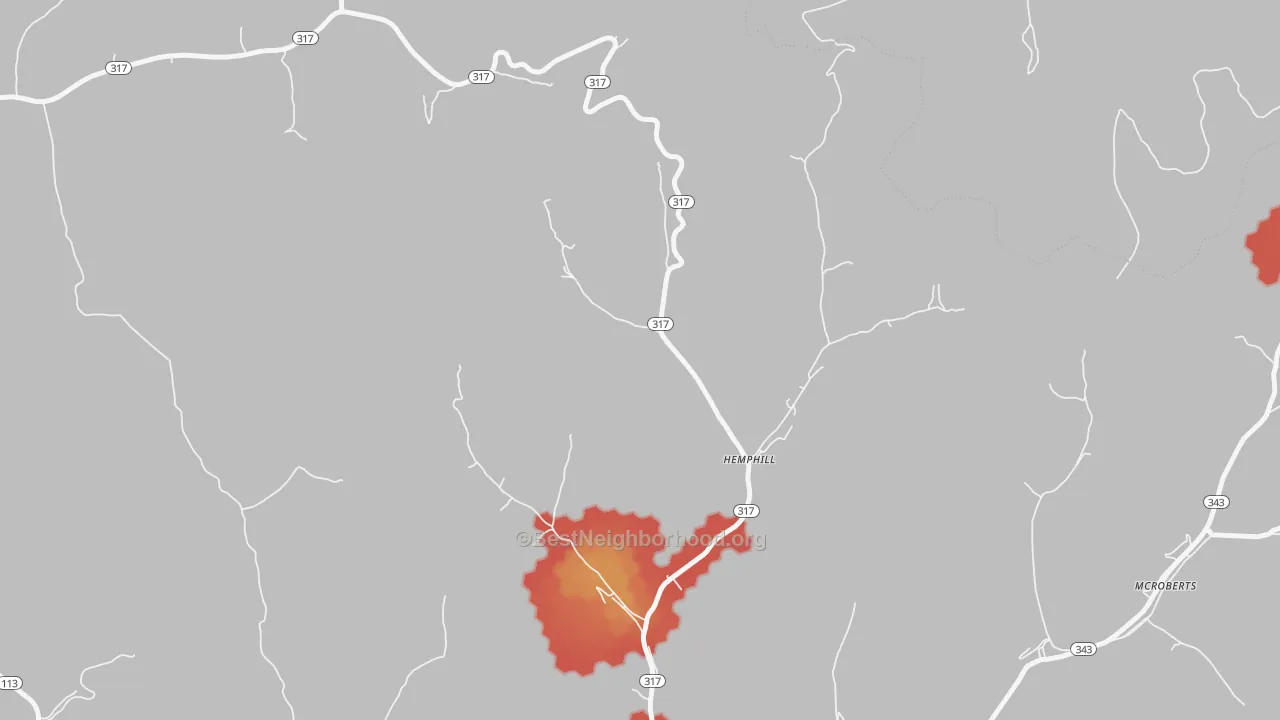 Walk Grade map of Jackhorn, KY, walkable areas in green and car-dependent areas in red