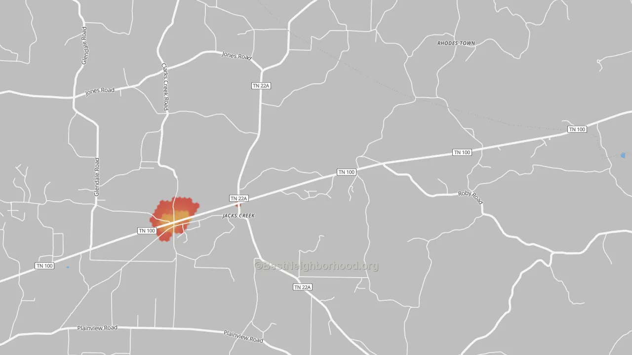 Walk Grade map of Jacks Creek, TN, walkable areas in green and car-dependent areas in red