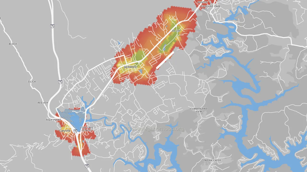 Walk Grade map of Jacksboro, TN, walkable areas in green and car-dependent areas in red