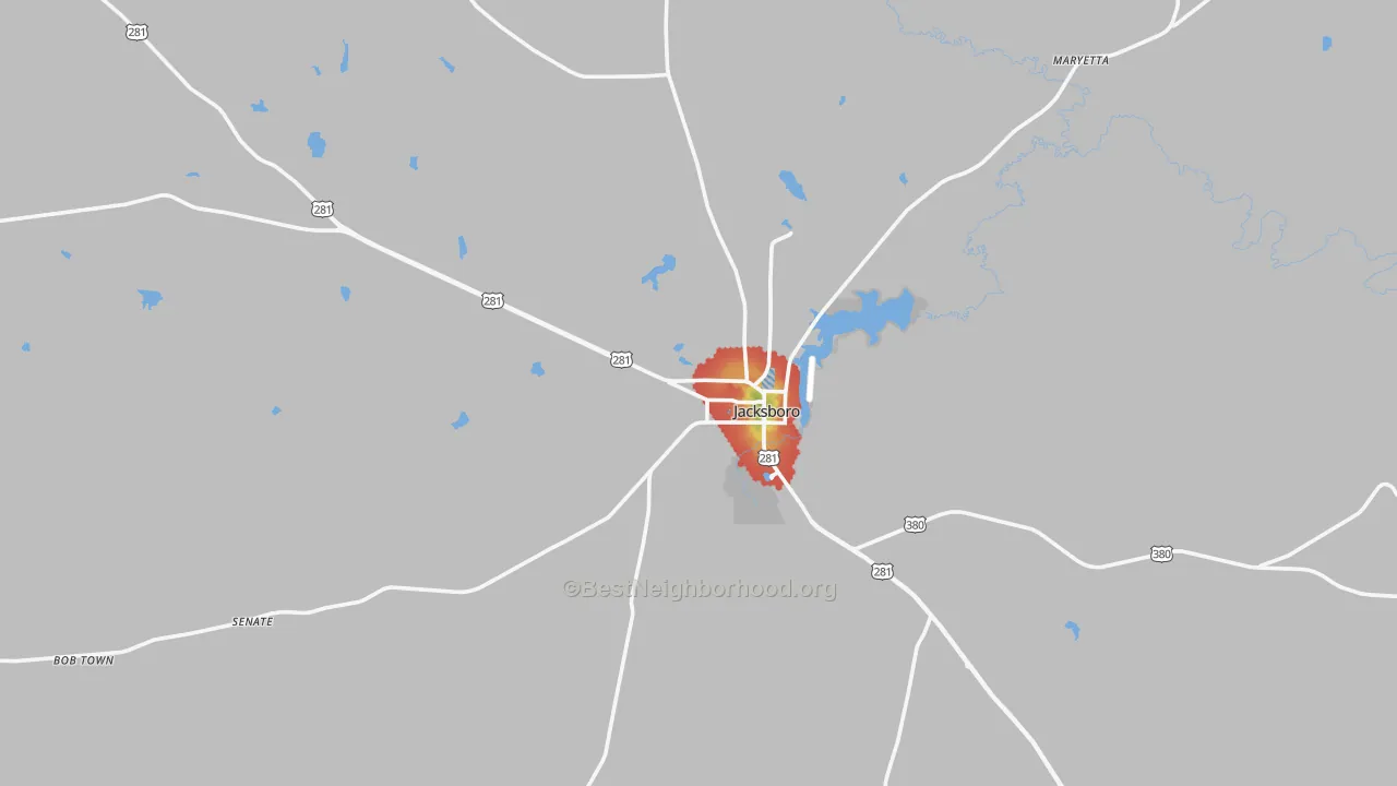 Walk Grade map of Jacksboro, TX, walkable areas in green and car-dependent areas in red