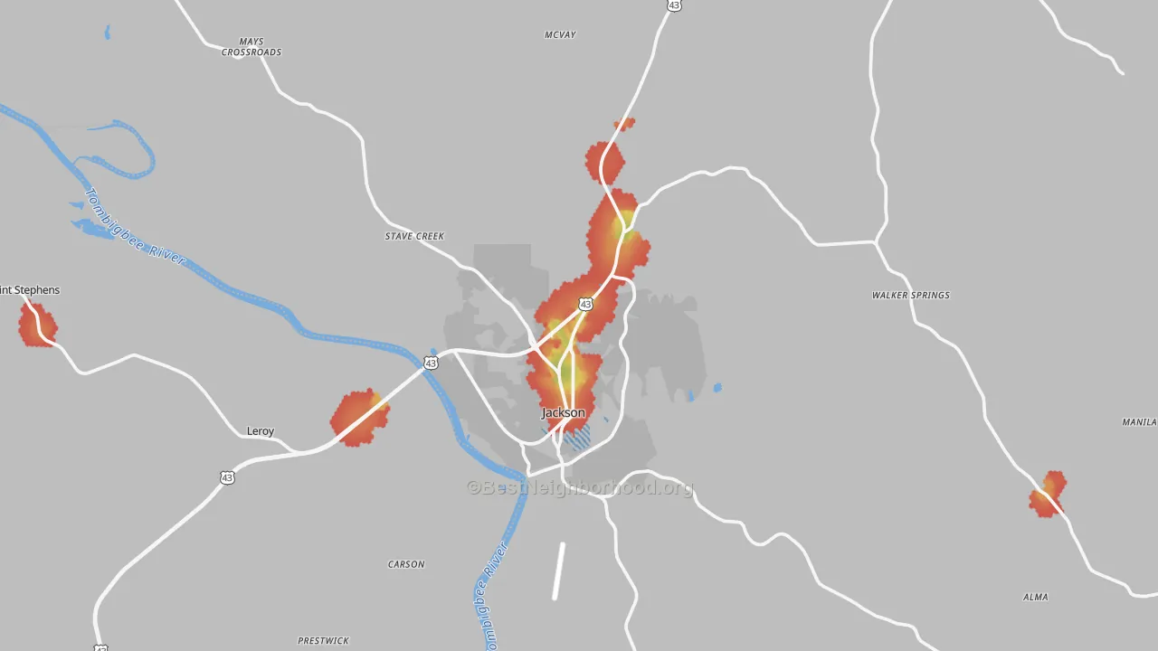 Walk Grade map of Jackson, AL, walkable areas in green and car-dependent areas in red
